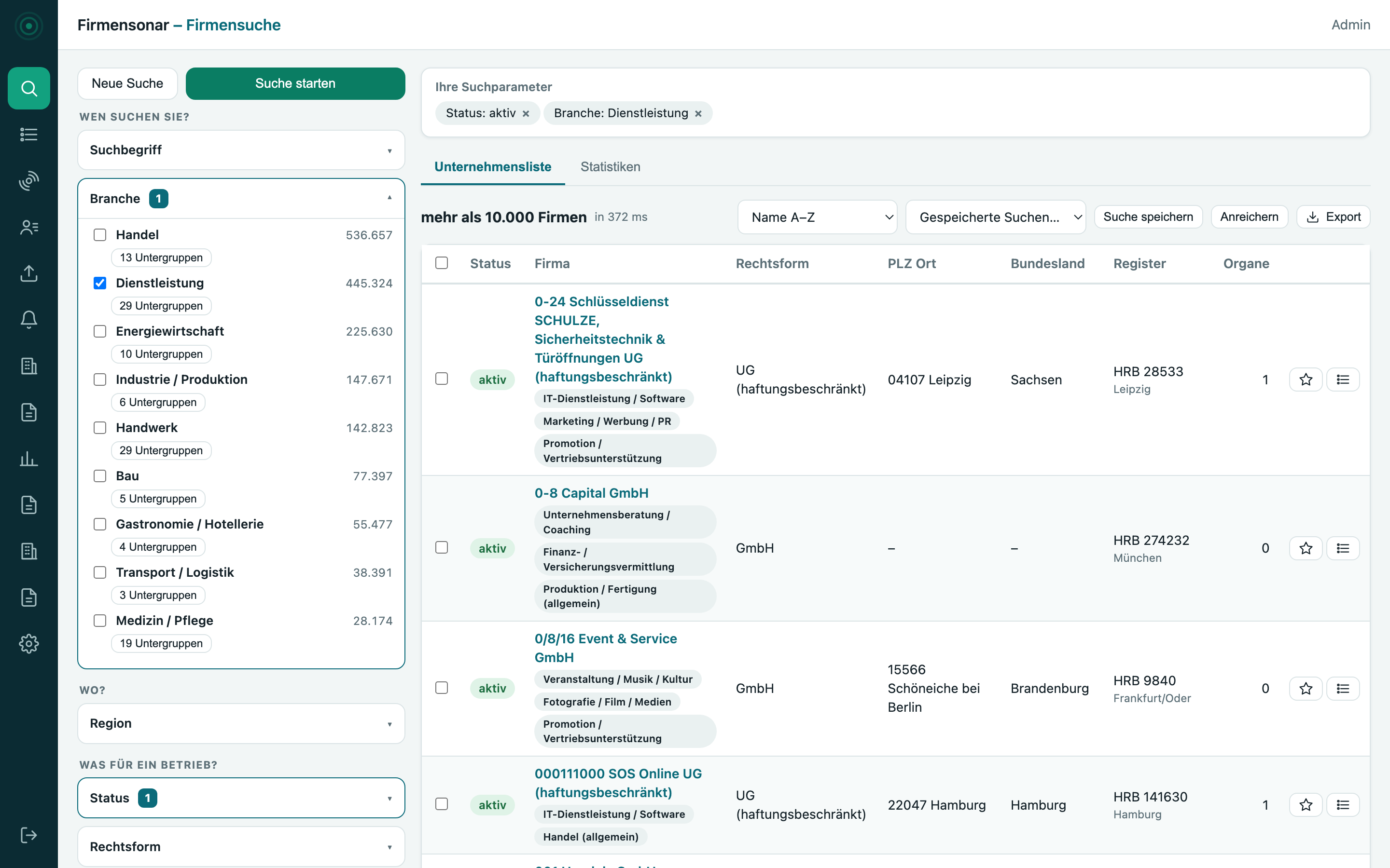 Trefferliste in Firmensonar, gefiltert auf IT und Agenturen und aktive Firmen